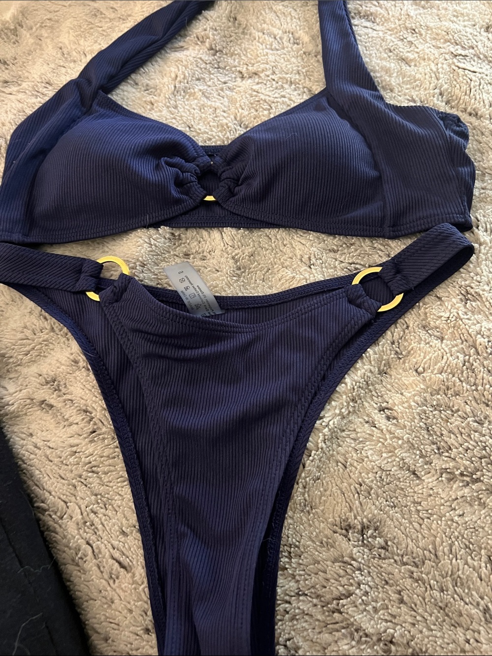 Ribbed Navy Bikini Set with Gold Ring Details